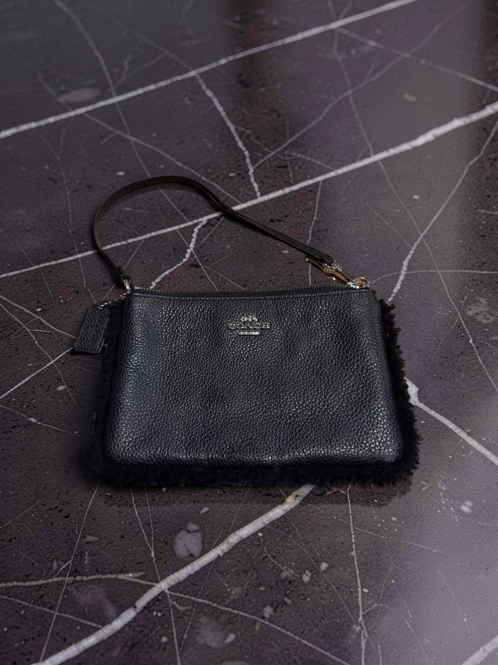 Coach Black Pebbled Leather Wristlet with Shearling Trim